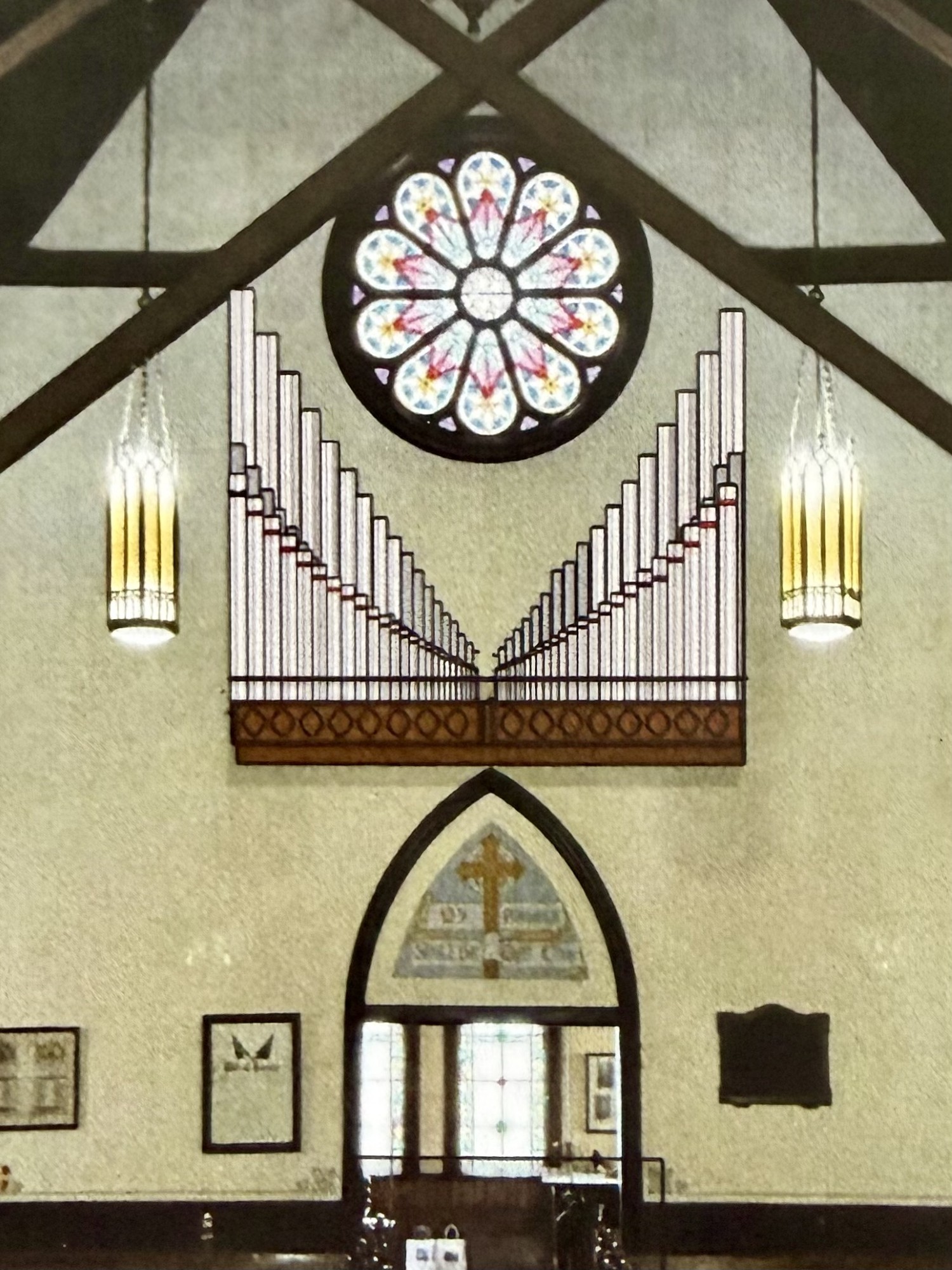 Proposed antiphonal organ pipes beneath the rose window at the Church of the Epiphany.