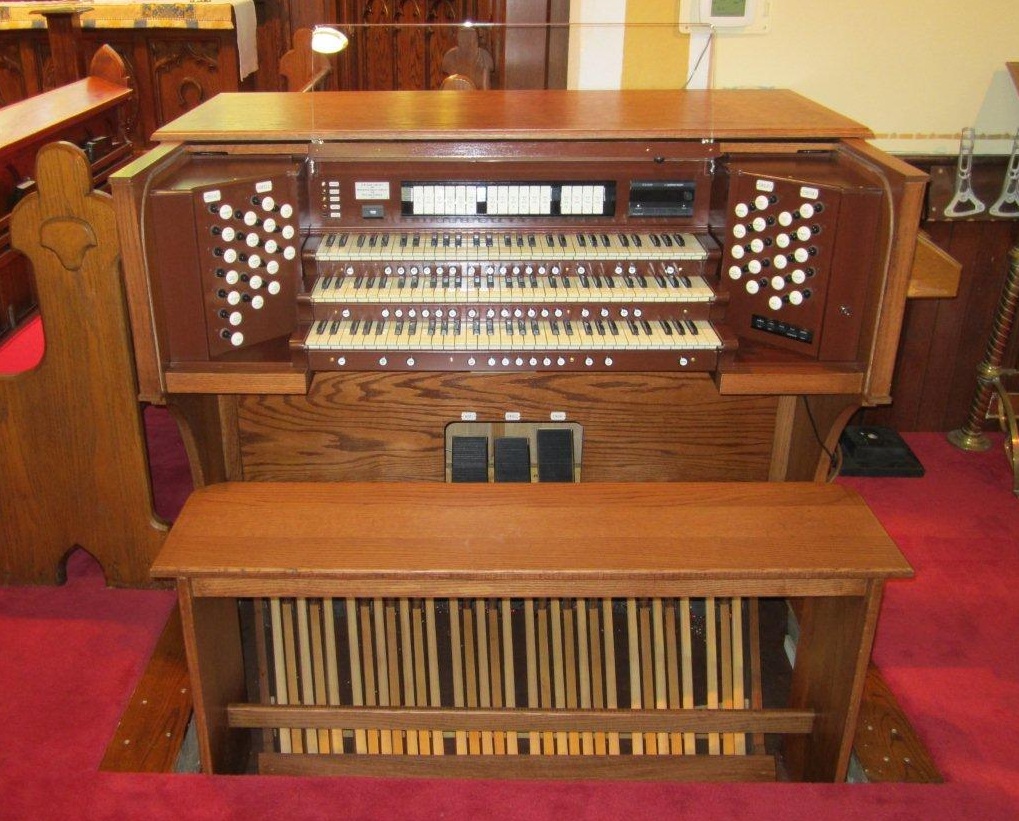 Existing pipe-organ console at the Church of the Epiphany, showing its keyboards, stops and pedalboard.